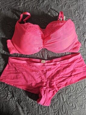 Victoria's Secret Bright Pink Lace-Trim Bra & Boyshorts Set